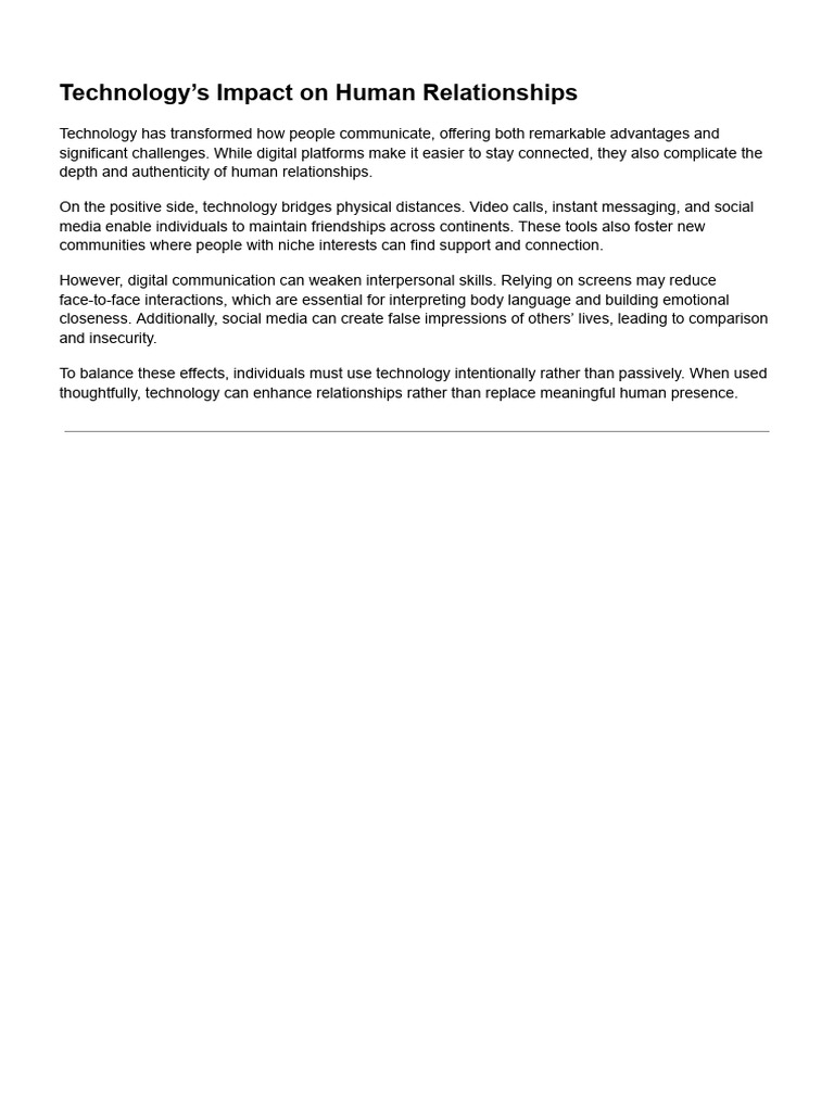 Technology's Impact On Human Relationships | PDF
