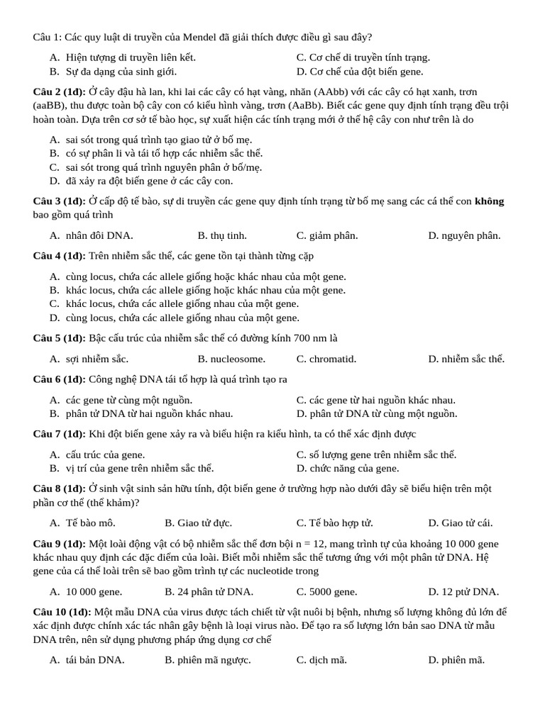 De Thi Giua Ki Sinh Hoc 12 | PDF