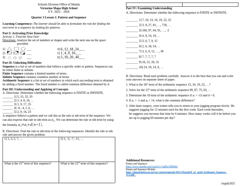 Lesson 3.3 - Pattern and Sequence-Handout | PDF | Sequence | Mathematics