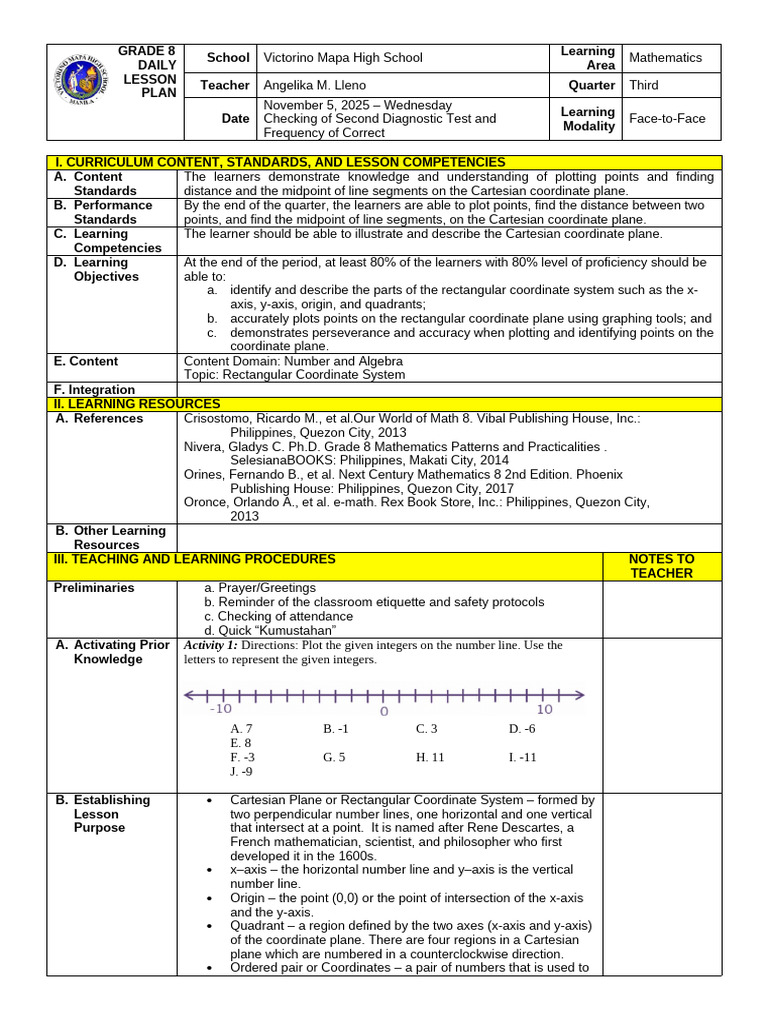 Grade 8 Math Lesson Plan: Cartesian Plane | PDF | Cartesian Coordinate ...