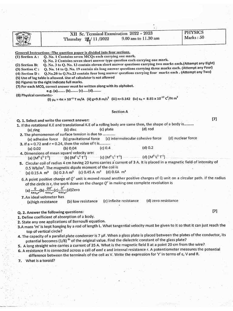 XII PHYSICS Terminal Exam Previous Year Question Paper | PDF