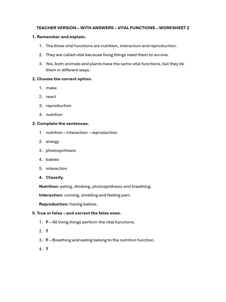 AK - The Three Vital Functions - Worksheet 2 | PDF