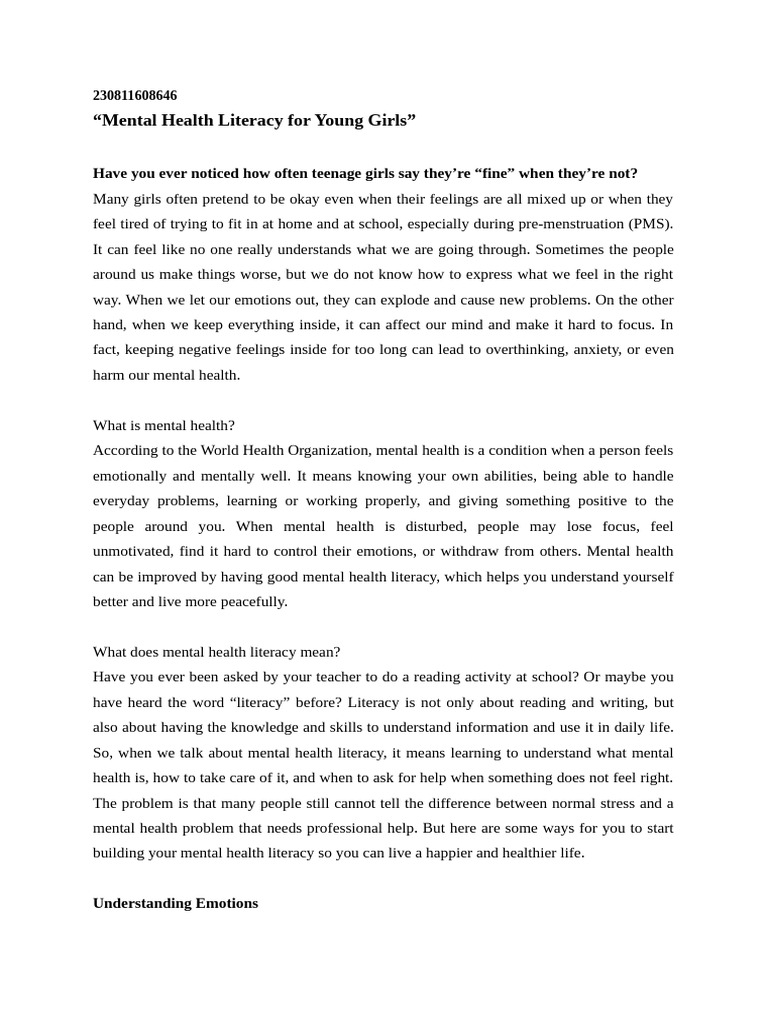 Mental Health Literacy For Young Girls | PDF | Mental Health | Feeling