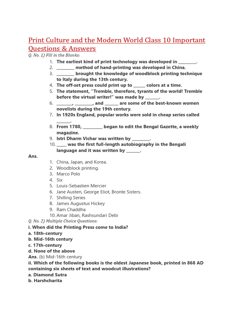 Print Culture: Key Questions & Answers | PDF | Printing | Books