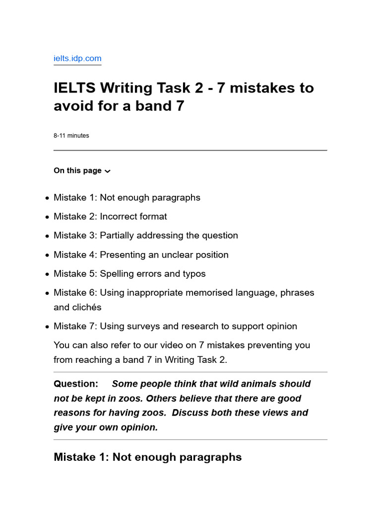 IELTS Writing Task 2 - 7 Mistakes To Avoid For A Band 7 | PDF | Zoo ...