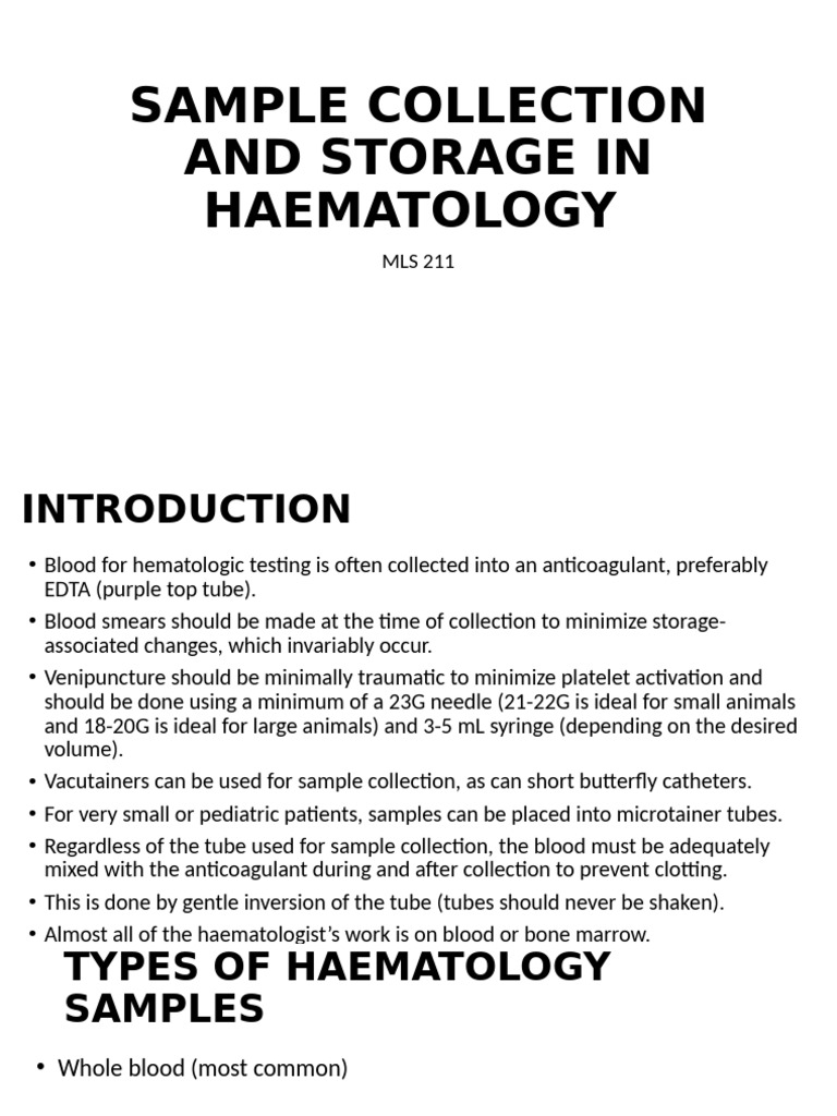 Sample Collection and Storage in Haematology Lab Mls211 New | PDF ...