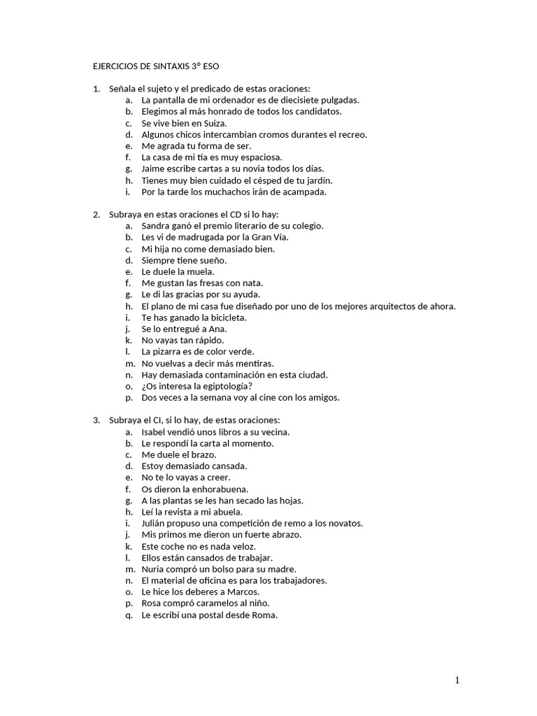 Ejercicios de Sintaxis para 3º ESO | PDF | Sintaxis | Gramática