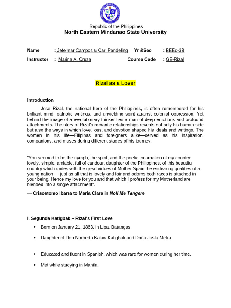Rizal As A Lover Final Outline | PDF