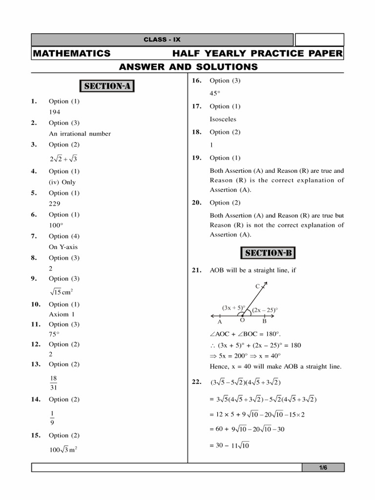 9-Mathematics-Half Yearly Practice Paper Solution Cf24hy | PDF