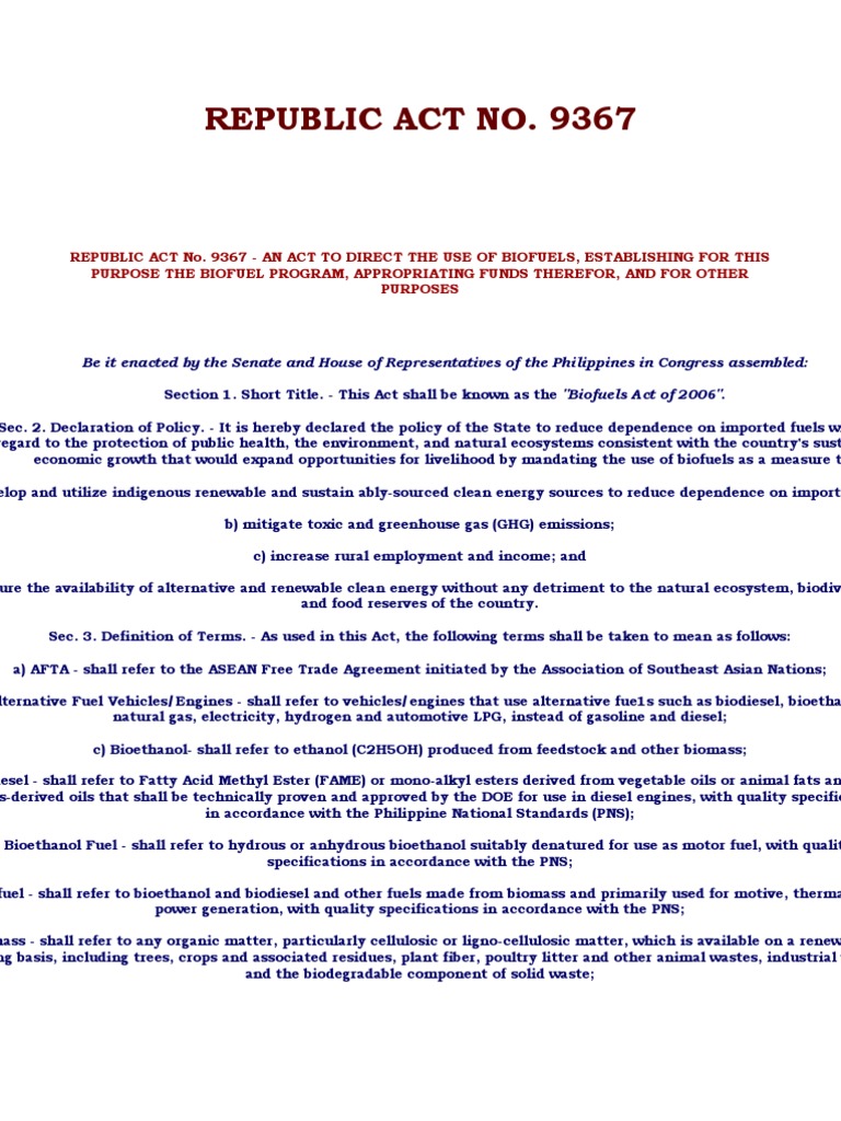 Republic Act No 9367 | Biofuel | Gasoline