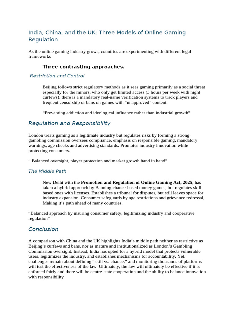 Three Models of Online Gaming Regulation | PDF