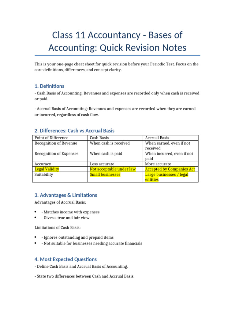 Bases of Accounting Revision Notes Class11 | PDF