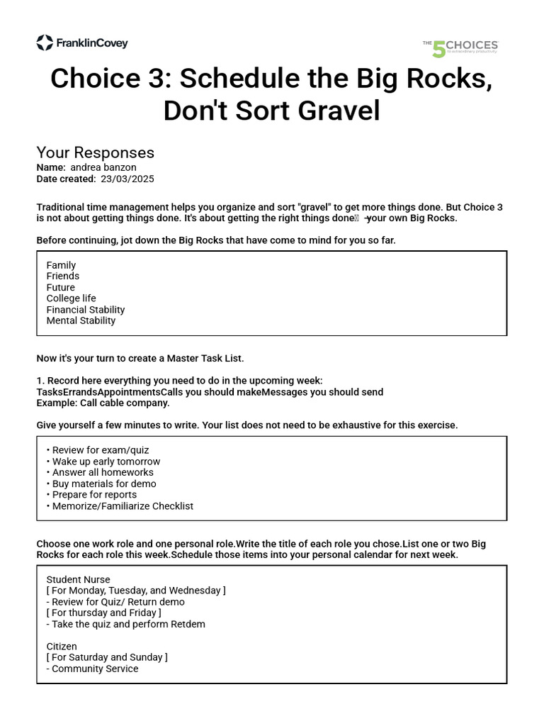 Choice 3: Schedule The Big Rocks, Don't Sort Gravel: Your Responses | PDF