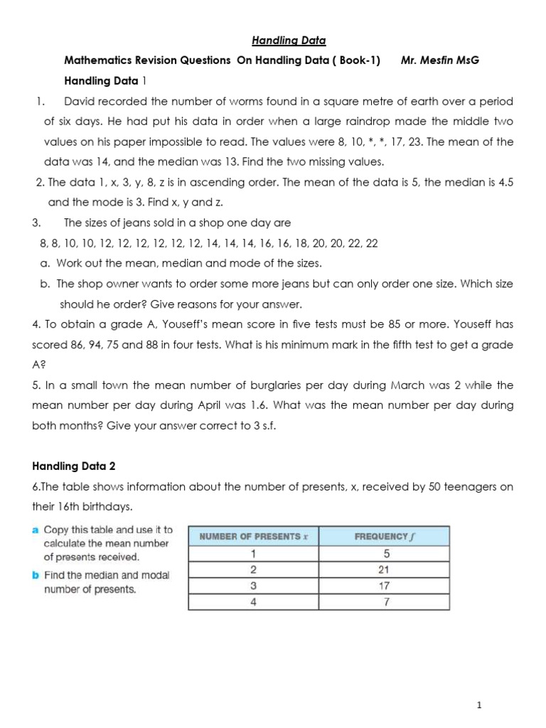 Math Revision Questions On Handling Data 1-4 | PDF | Mean | Statistical ...