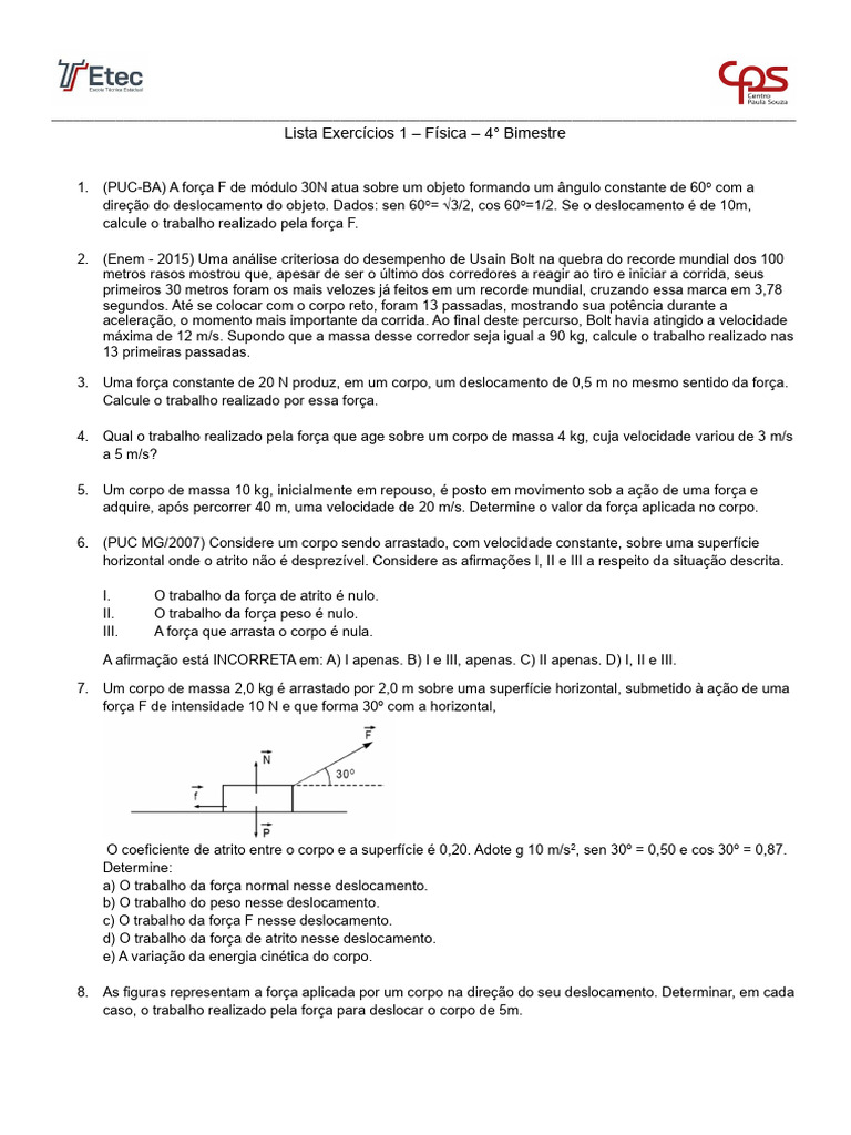 Exercícios de Trabalho em Física | PDF | Força | Velocidade