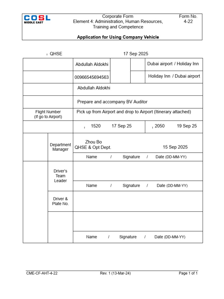 Company Vehicle Usage Application Form | PDF