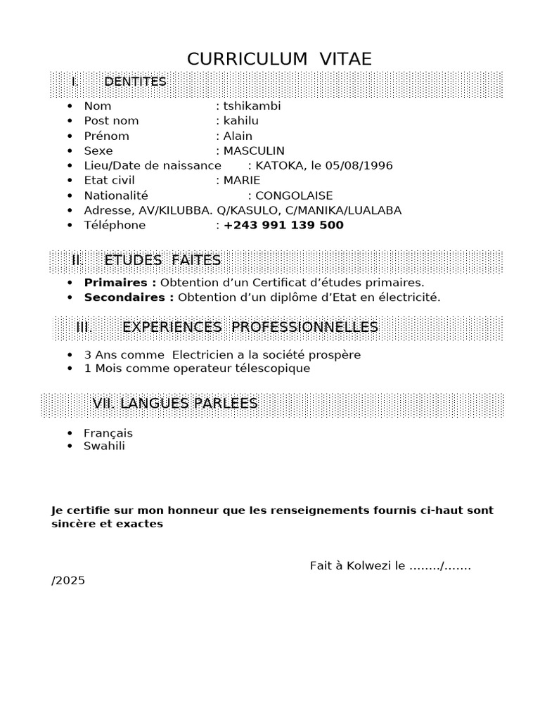 CV d'Alain Tshikambi, Électricien Congolais | PDF