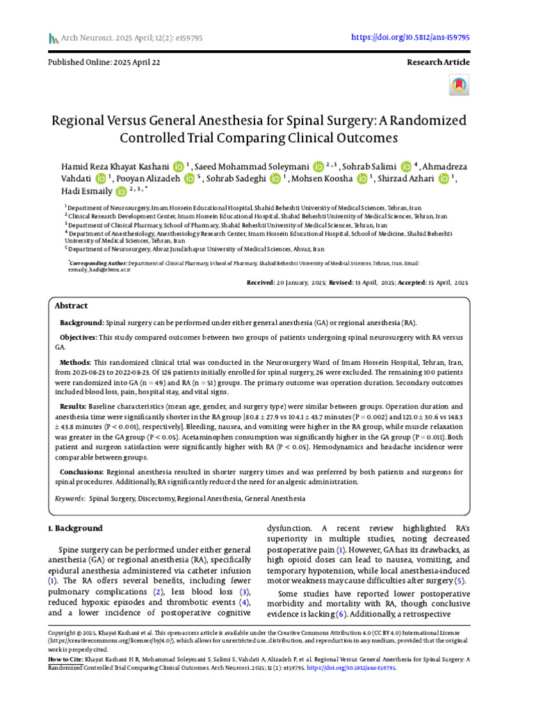 Regional vs General Anesthesia in Spinal Surgery | PDF | Neurosurgery ...