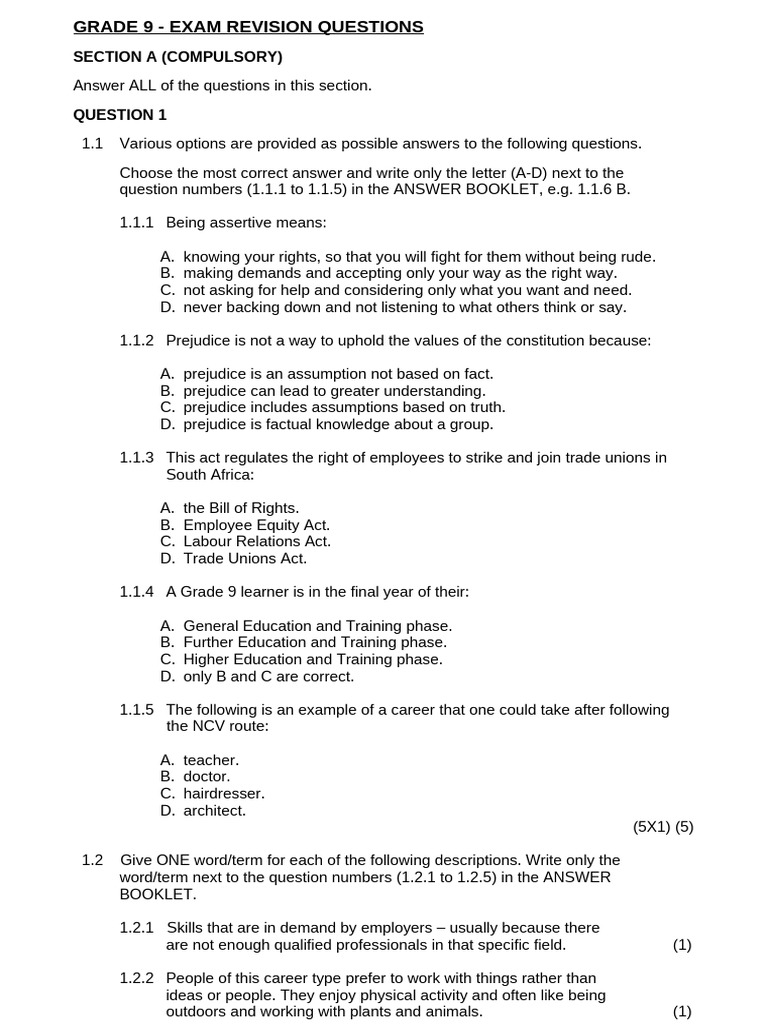Grade 9 - Exam Revision Questions | PDF | Adolescence | Substance Abuse