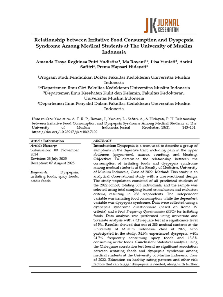 Irritative Foods and Dyspepsia in Students | PDF | Digestion | Indigestion