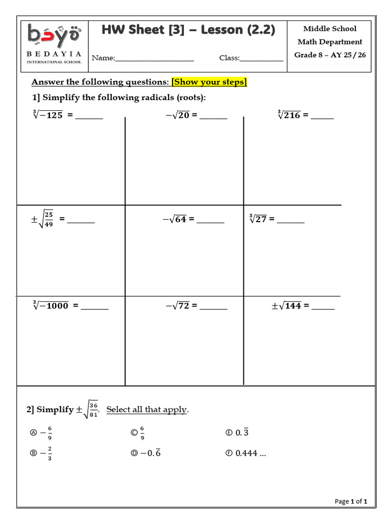 Simplifying Radicals and Roots Worksheet | PDF