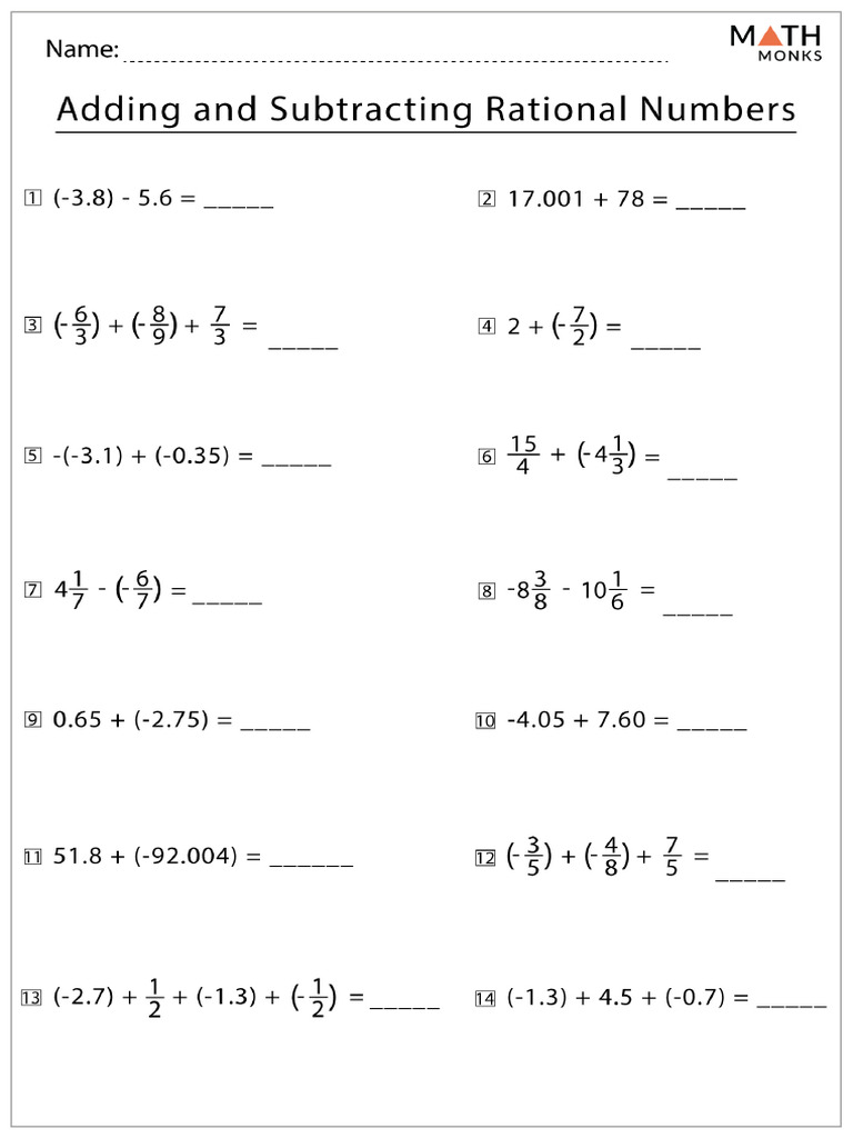 Adding and Subtracting Rational Numbers Worksheet | PDF