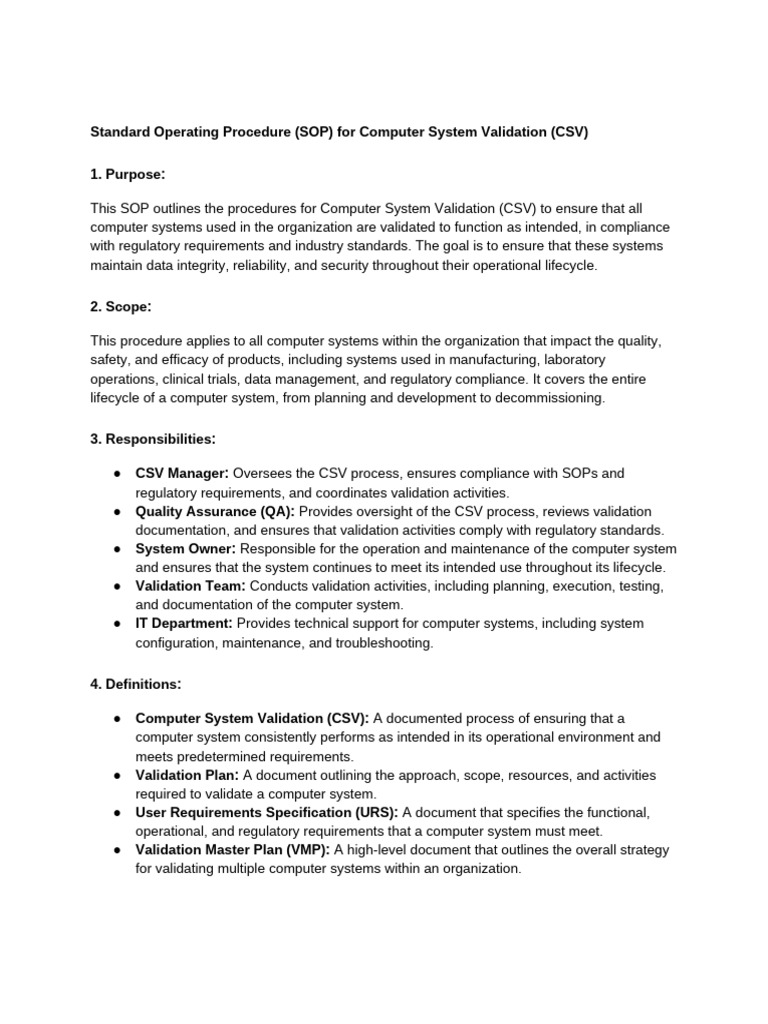 Computer System Validation SOP Guide | PDF | Verification And ...