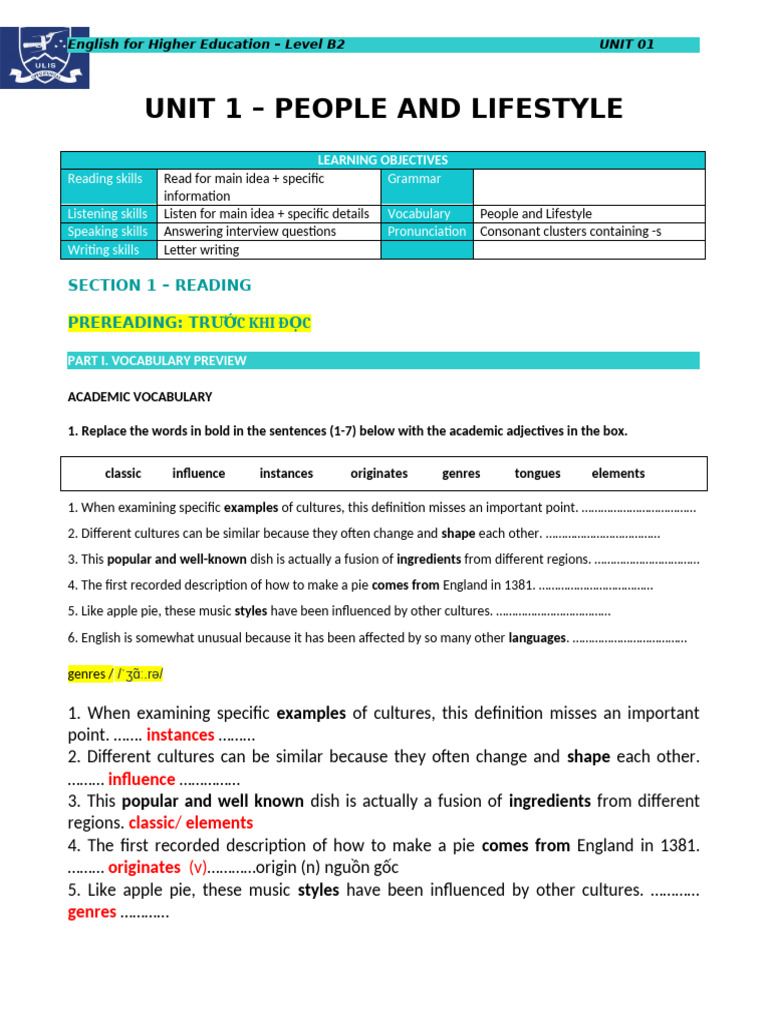 B2sdh Key Unit 1 People and Lifestyle Final | PDF | English Language | Gift