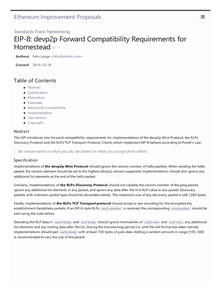 EIP-8: Forward Compatibility in devp2p | PDF | Transmission Control ...