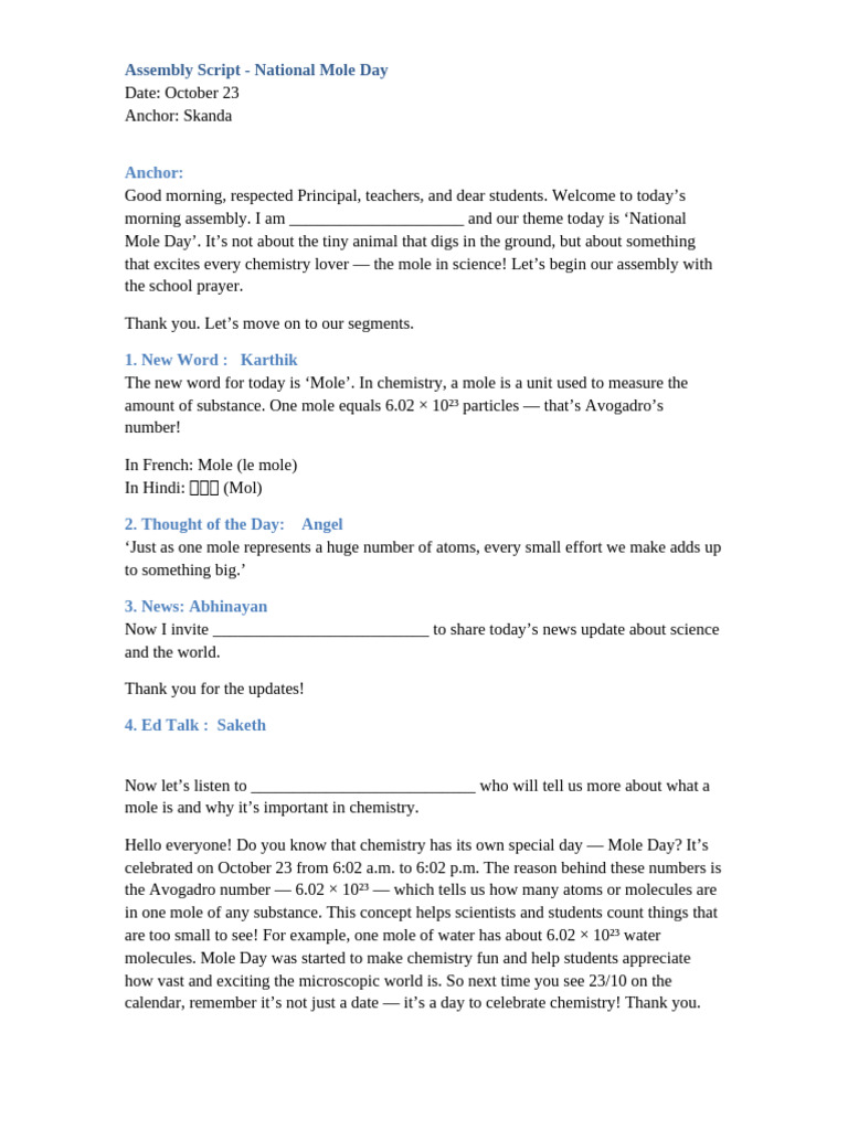 National Mole Day Assembly Script | PDF | Mole (Unit) | Chemistry