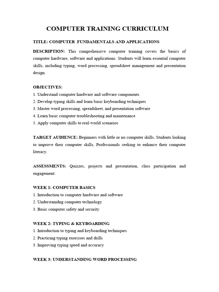 Computer Training Curriculum | PDF | Spreadsheet | Microsoft Excel