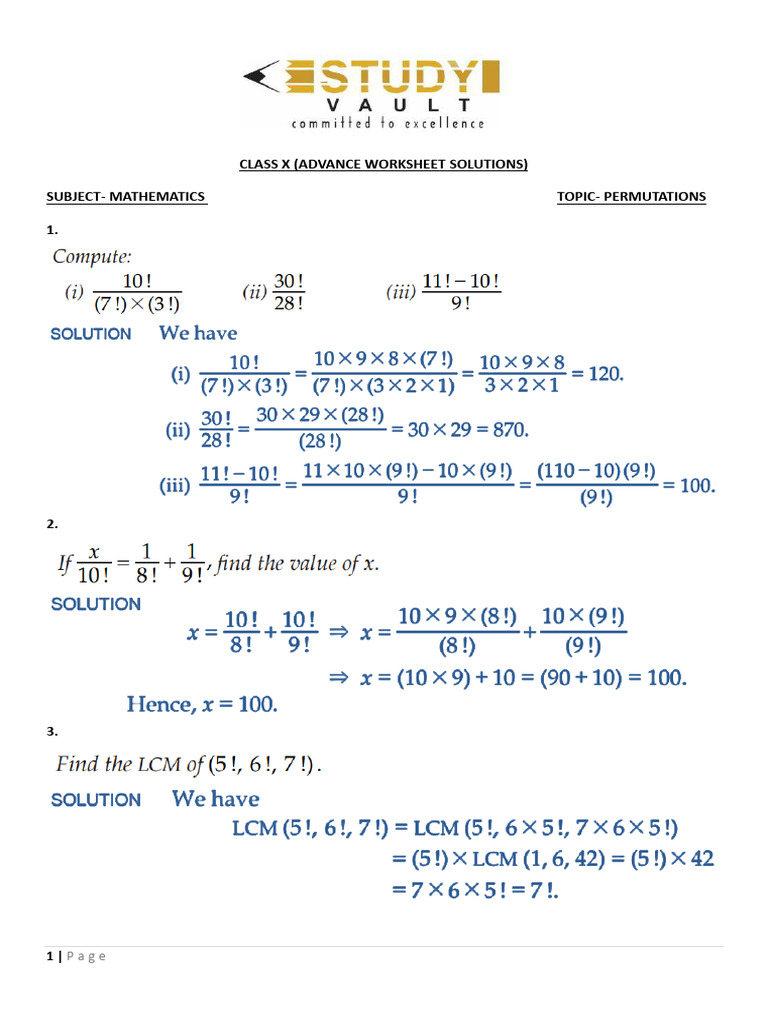 X Math Advance Ws Solution Permutations | PDF