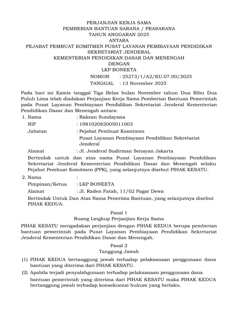 Perjanjian Kerja Sama Bantuan Pendidikan 2025 | PDF