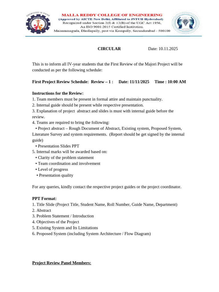 IV-Year Majori Project Review Schedule | PDF