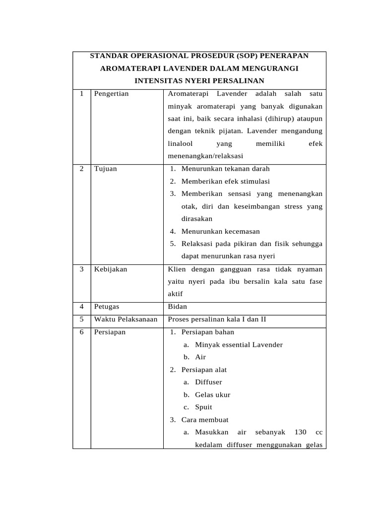 SOP Aromaterapi Lavender untuk Nyeri Persalinan | PDF