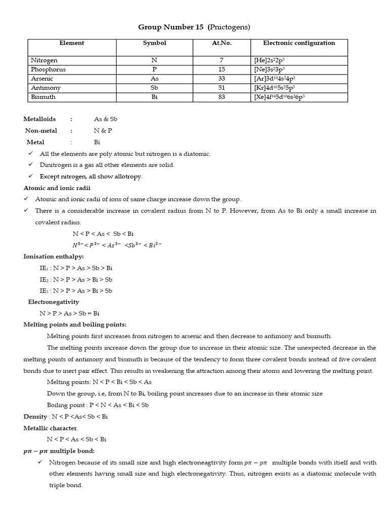Pnictogens: Properties and Trends | PDF | Nitrogen | Oxide