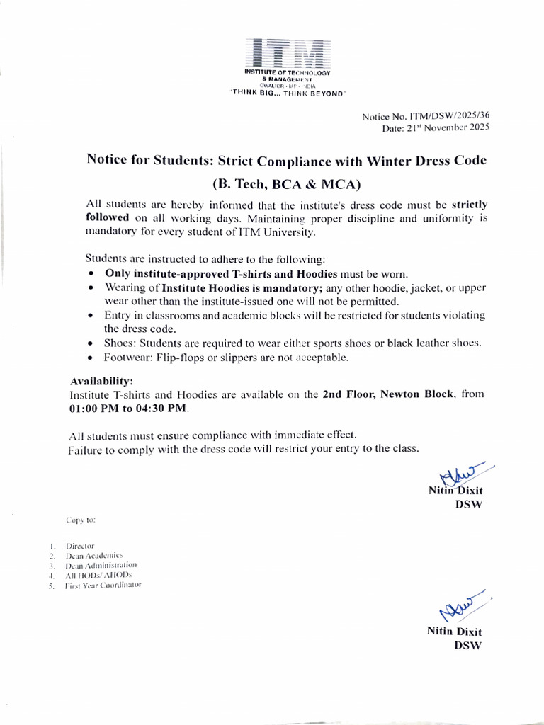 ITM University Winter Dress Code Notice | PDF