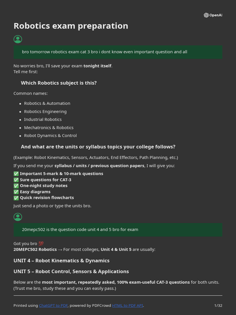Robotics Exam Prep: Key Questions & Notes | PDF | Mechanical Engineering