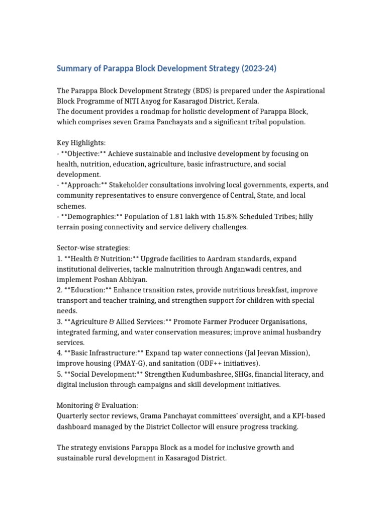 Parappa Block Development Strategy Summary | PDF