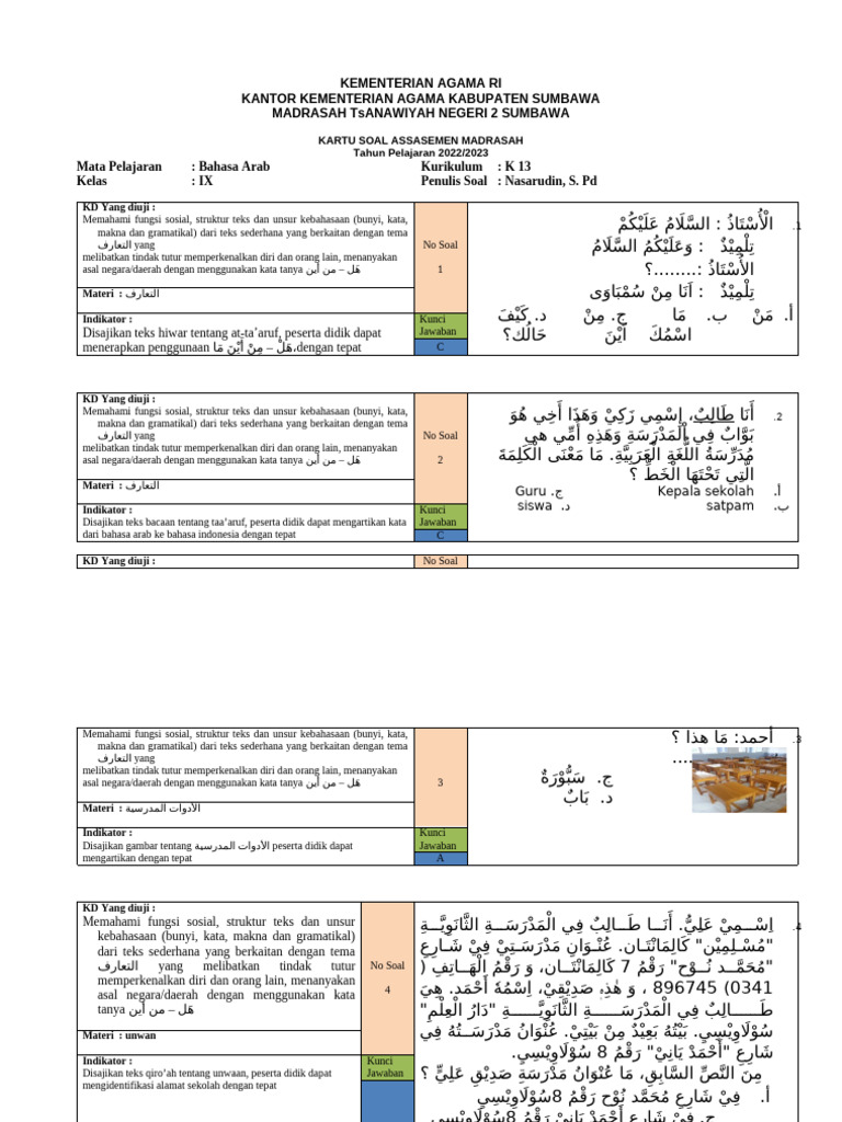 Kartu Soal Bahasa Arab Kelas IX K13 | PDF