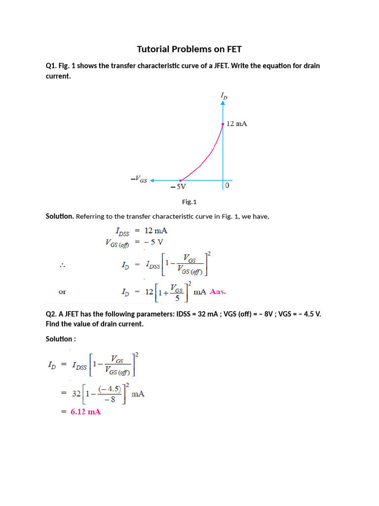 FET Tutorial Problems and Solutions | PDF | Field Effect Transistor ...