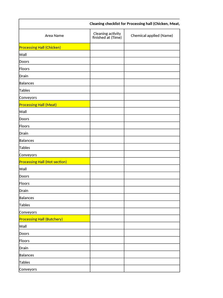 Cleaning Verification Sheet For Processing Hall, Freeszer and Chillers ...