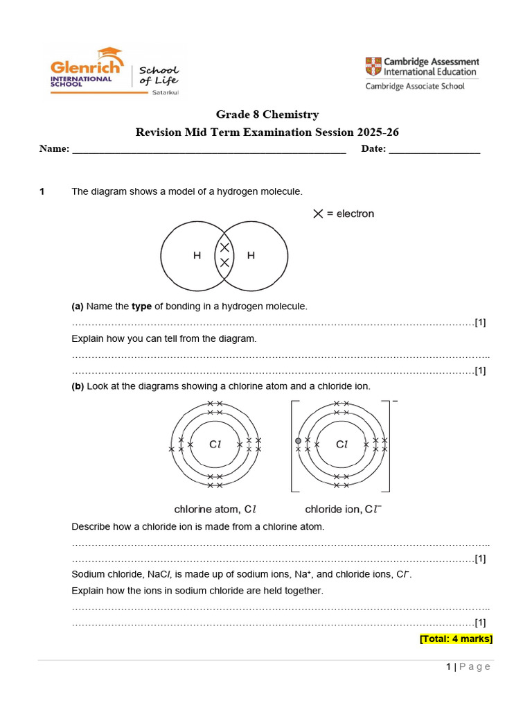 Grade 8 Chemistry Midterm Exam Guide | PDF | Chloride | Ion