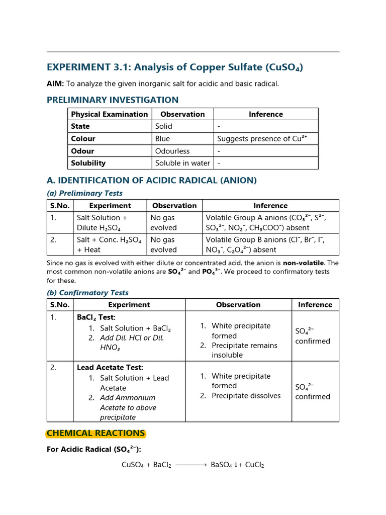 3.1 Analysis of Copper Sulfate | PDF | Salt (Chemistry) | Acetate