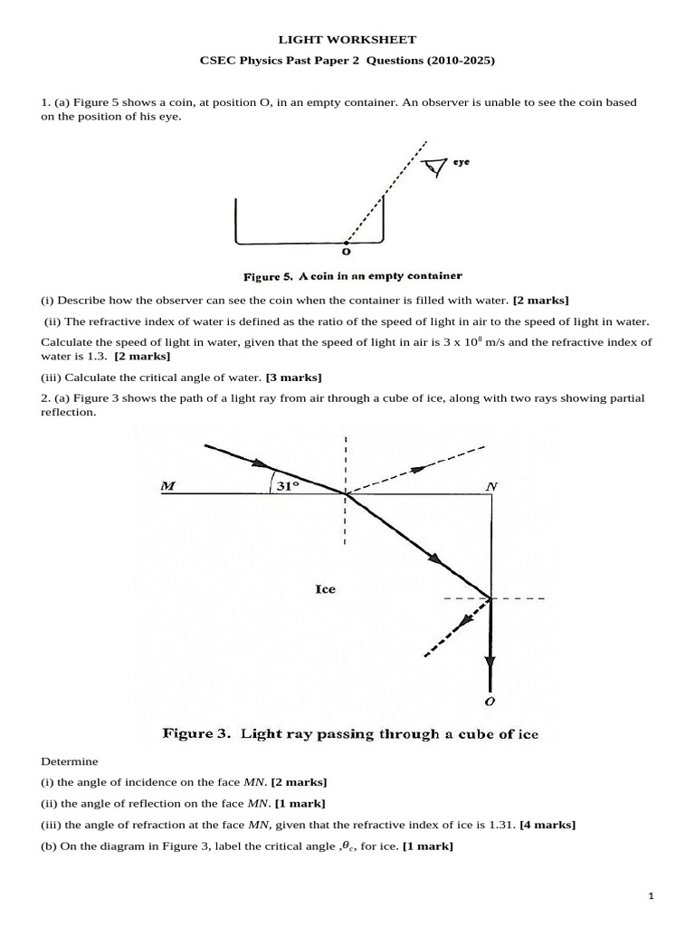 Light Worksheet | PDF | Refraction | Light