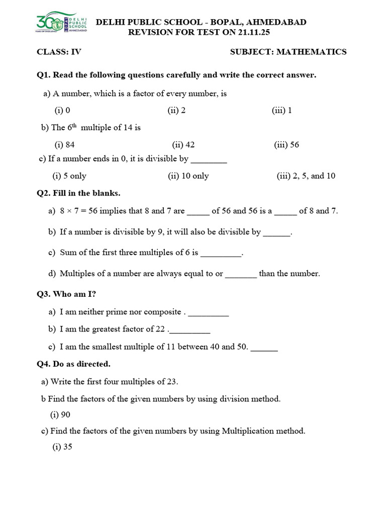 Class IV Math Test Revision Guide | PDF