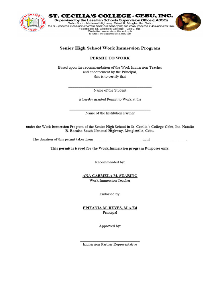 Senior High School Work Immersion Permit | PDF