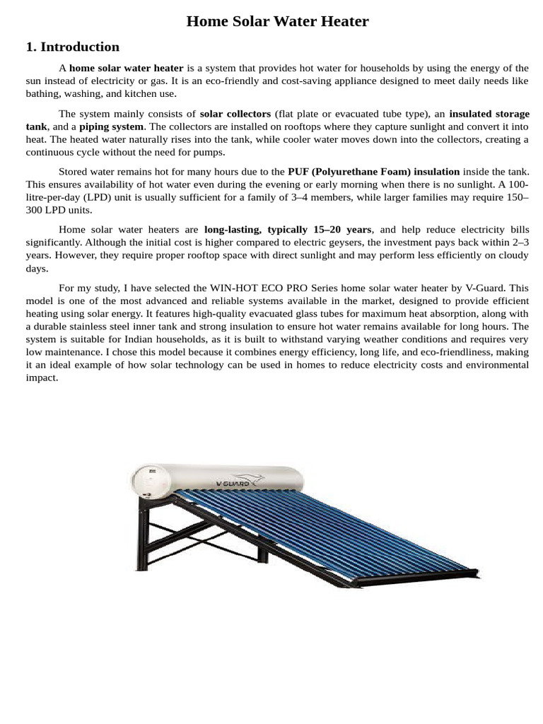 Micro Project - Home Solar Water Heater | PDF | Water Heating ...