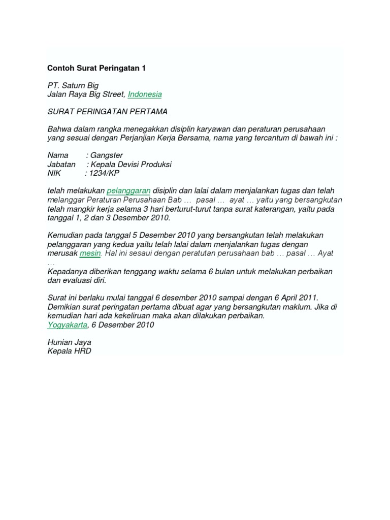 Contoh Surat Peringatan Tatatertib