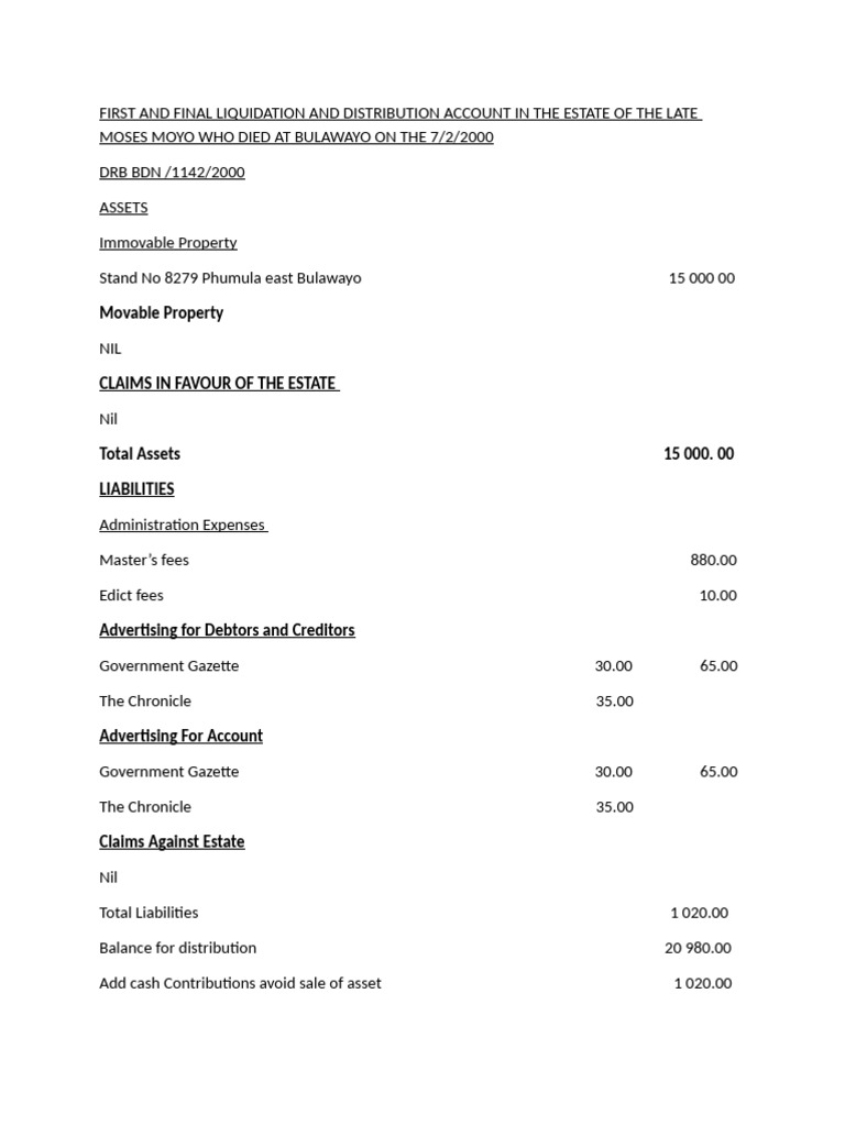 Liquidation Account for Moses Moyo Estate | PDF